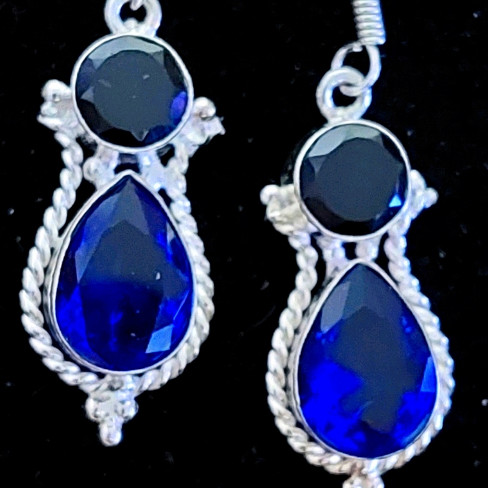 New Black Onyx and Blue Sapphire Earrings in 925SS